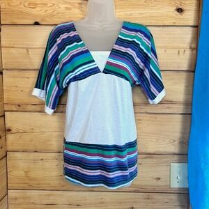 Vintage Handmade White & Striped Dolman Sleeve V-Neck Tie Back Top Small Coastal